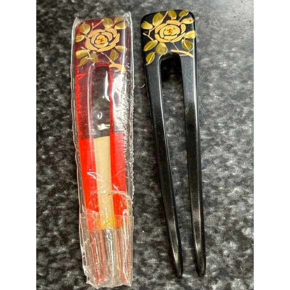 Vtg Two Japanese Kanzashi Hair Stick Floral Hand Made Hand Painted Gold Powder main image 5